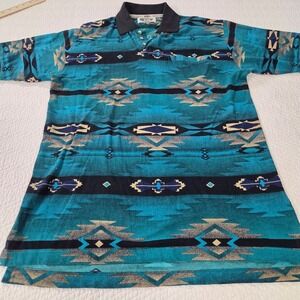 Cumberland Outfitters Mens Medium Teal Southwestern Aztec Cotton Polo Shirt 7255